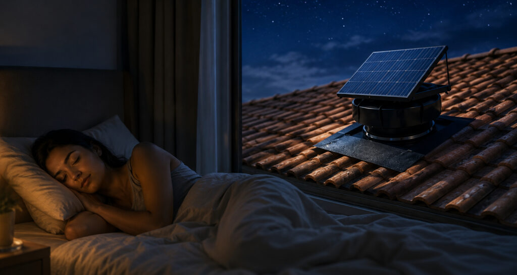 Femme endormie et ventilateur solaire de toit, un article sur l'isolation chaleur écrit par Actimur.