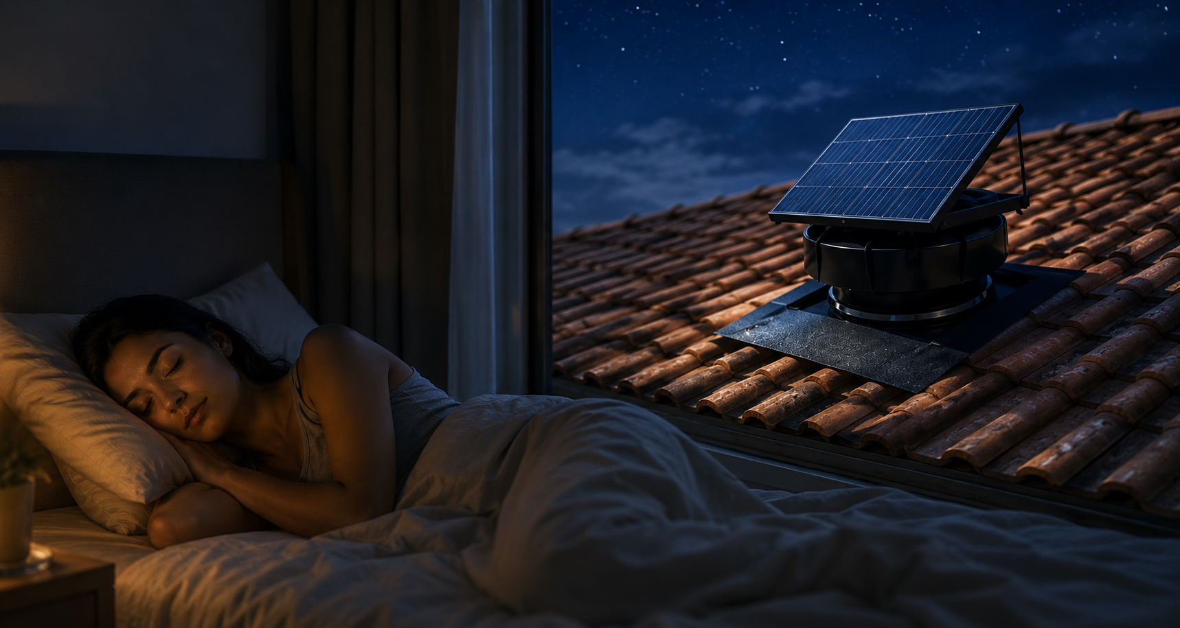 Femme endormie et ventilateur solaire de toit, un article sur l'isolation chaleur écrit par Actimur.