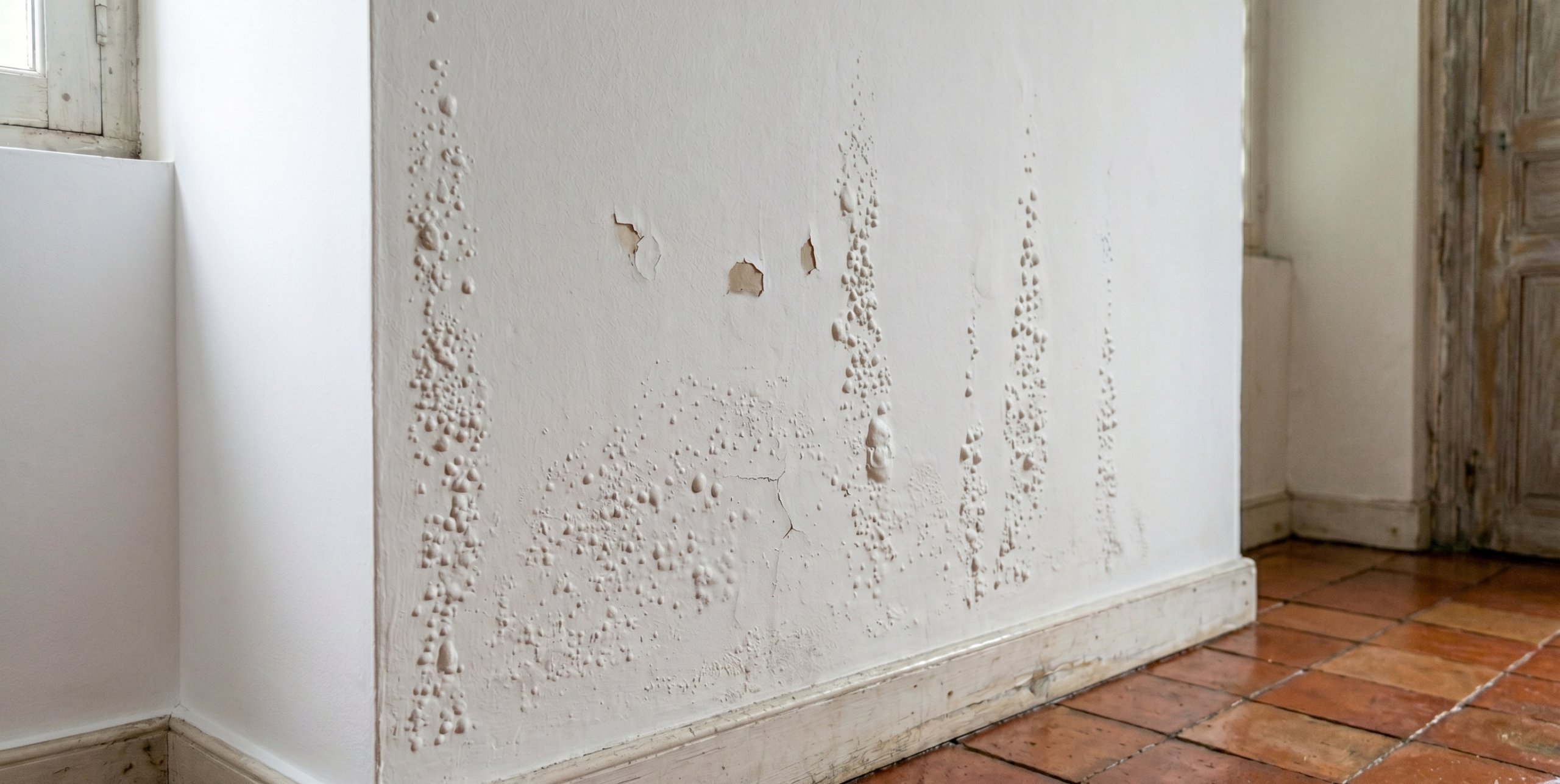 Peinture boursouflée bas mur blanc intérieur, article sur mur qui cloque humidité écrit par Actimur.