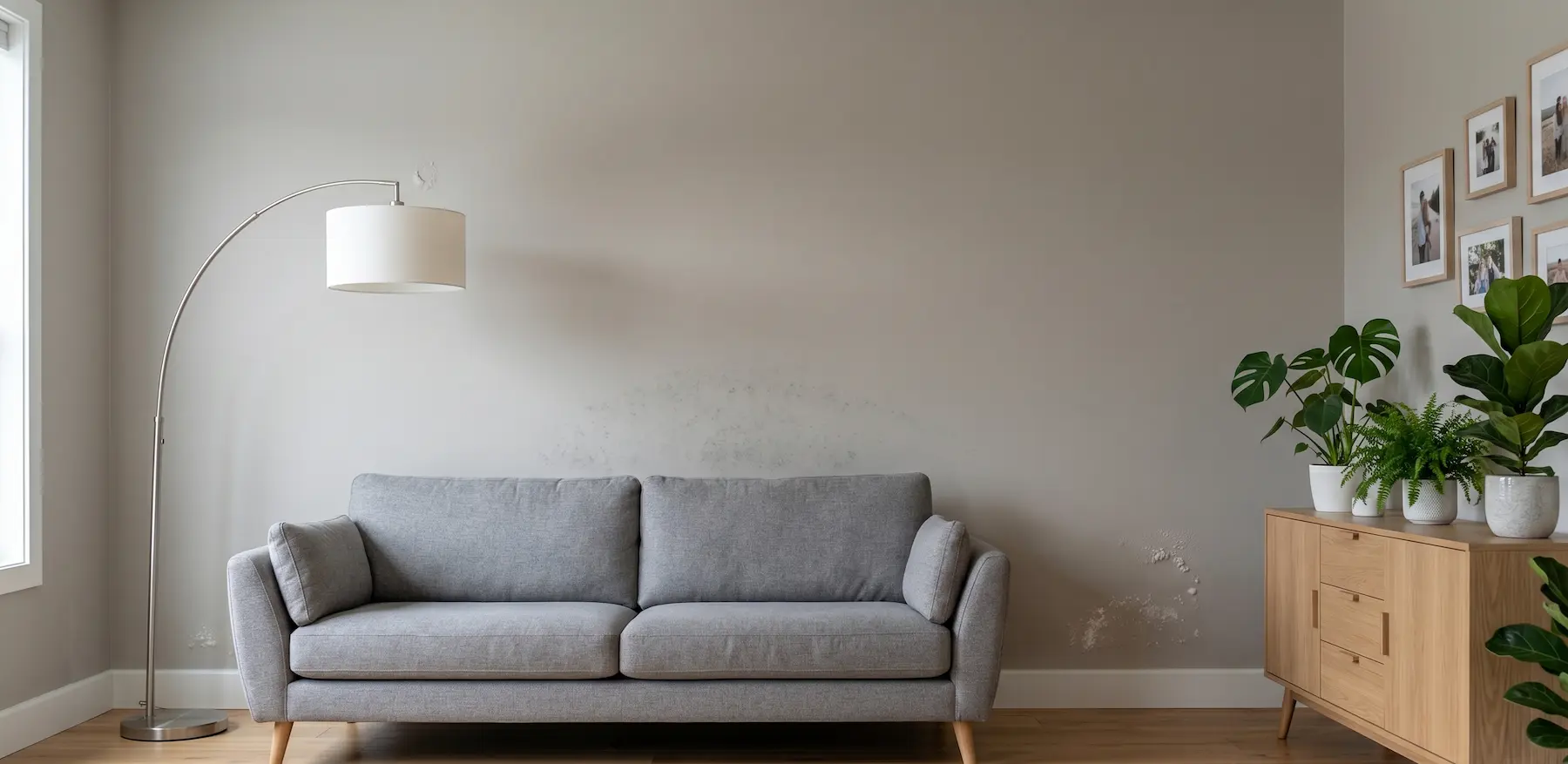 Taches humidité mur salon, un article sur comment faire respirer un mur humide écrit par Actimur.